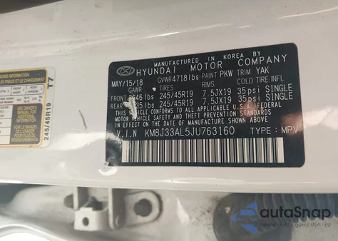 2018 Hyundai Tucson Sport z USA, uszkodzony, nr VIN KM8J33AL5JU763160